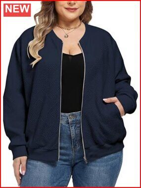 Plus Size Full Zip Up Long Sleeve Lightweight Bomber Jacket Oversized Casual